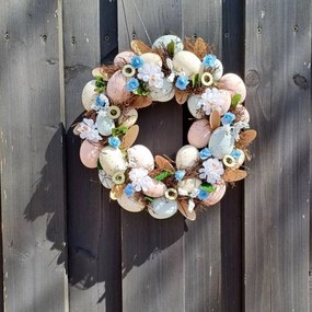 DECOLED Veľkonočný veniec na dvere 30 × 30 × 8 cm, modré kvety a vajíčka, vonkajší
