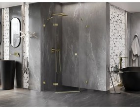 Mexen Lunar, päťuholníkový sprchový kút s ľavým sklonom 90 x 90 cm, 8mm číre sklo, zlatý profil, 831-090L-090P-50-00-L