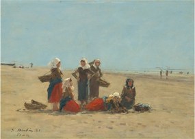 Sklenený obraz - Eugène Boudin, Women on the Beach at Berck, reprodukcia (70x50 cm)