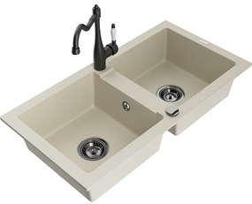 Mexen Mario, granitový drez 820x436x161 mm, 2-komorový a drezová batéria Carla, béžová, 6504-69-670700-70