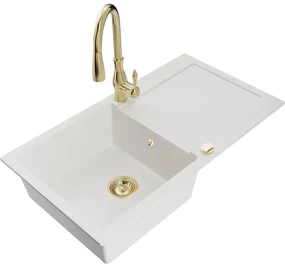 Mexen Leo, 1-komorový granitový drez 900x500x190 mm a drezová batéria Savita, biela, 6501-20-672601-50