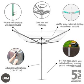Vonkajší sušiak na bielizeň v striebornej farbe 60 m Lift-O-Matic – Brabantia