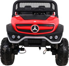 Ramiz Mercedes Benz Unimog elektrické autíčko pre deti červené + pohon 4x4 + diaľkové ovládanie + nosič batožiny + pomalý štart + MP3 + LED