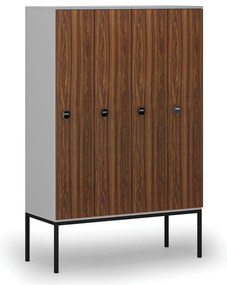 Drevená šatníková skrinka S4 s podnožou, 4 oddiely, 1871 x 1200 x 500 mm, demont, RFID zámok, sivá/orech