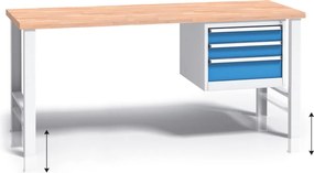 Výškovo nastaviteľný pracovný stôl do dielne G3 so závesným boxom na náradie, buková škárovka, 3 zásuvky, 1700 x 685 x 840 - 1050 mm, modrá