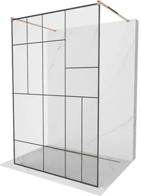 Mexen Kioto, priechodná sprchová zástena 140 x 200 cm, 8mm sklo číre s čiernym vzorom, 2x zlatá stabilizačná rozpera, profil ružové zlato, 800-140-002-60-78