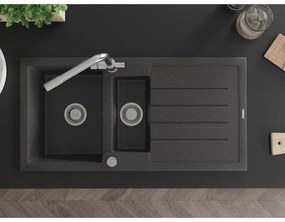 Mexen Andres, granitový drez 1000x500x200 mm, 1,5-komorový + chrómová batéria Duero, čierna škvrnitá, 6515-76-671600-00