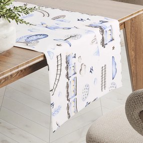 Biante Detský bavlnený behúň na stôl Sandra SA-690 Modré vláčiky s lietadielkami na bielom 20x180 cm