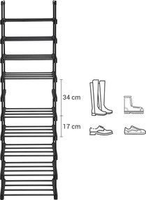 Kovový 10-úrovňový stojan pre obuv, botník, 45 x 174 cm, čierny