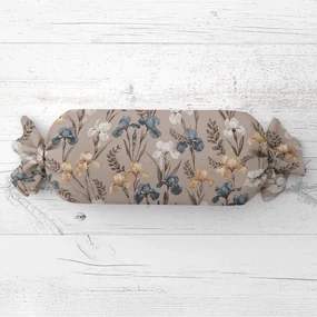 Biante Vankúš valec bonbon Sandra SA-637 Modro-béžovo-biele kosatce na sivobéžovom 15x40 cm