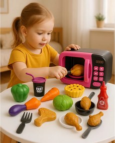 LEAN Toys Detská hračka Mikrovlnná rúra na potraviny 360 otáčok Svetlá Zvuky Ružová