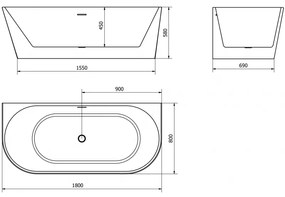 Mexen Oval, voľne stojaca nástenná vaňa 180 x 80 cm, biela-čierna, grafitový prepad, 52671808075-66