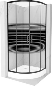 Mexen Rio, štvrťkruhový sprchovací kút s posuvnými dverami 70(dvere) x 70(dvere) x 190 cm, 6mm číre sklo s pásikmi, čierny profil + biela sprchová vanička RIO, 863-070-070-70-20-4710