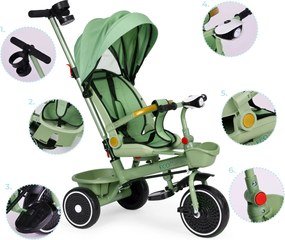 ECOTOYS multifunkčná detská trojkolka 6 mesiacov–6 rokov, otočné sedadlo 360°, zelená
