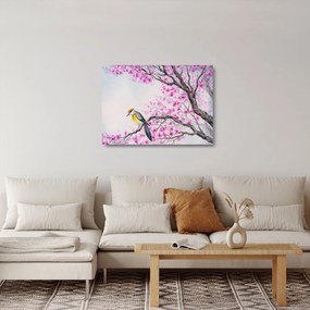 Sklenený obraz - Vtáčik na strome s ružovými kvetmi (70x50 cm)