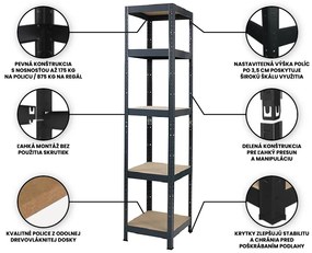 Fistar Interiérový Regál 1800x400x400 mm lakovaný 5-policový, nosnosť 875 kg - ČIERNY