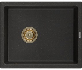 Mexen Pedro, granitový drez 560x460x200 mm, 1-komorový, čierna-zlatá metalíza so zlatým sifónom, 6508561000-75-G