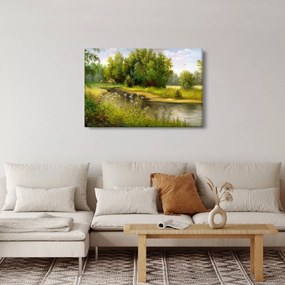 Obraz - Rieka pri lese, olejomaľba (90x60 cm)