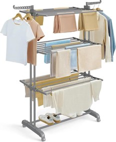 Skladací 4-poschodový sušiak na prádlo, mobilný, 64 x 126 x 172 cm, nerezová oceľ, so sklápacími krídlami, šedý
