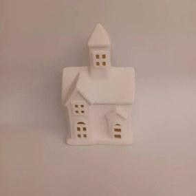 DECOLED Keramický kostelíček, 7,5 x 6 x 12 cm, teple bílá