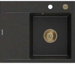 Mexen Ben, 1-komorový granitový drez 600x500x190 mm, pravý + zlatý sifón, čierna-zlatá metalíza, 6523605000-75-G