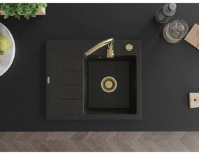 Mexen Ben, 1-komorový granitový drez 600x500x190 mm, pravý + zlatý sifón, čierna-zlatá metalíza, 6523605000-75-G