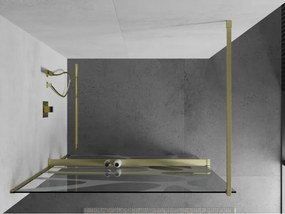Mexen Kioto+, sprchová zástena Walk-In s poličkou a vešiakom 100 x 200 cm, 8mm číre sklo biely vzor, zlatý matný profil, 800-100-121-55-97