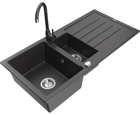 Mexen Andres 1,5-komorový granitový kuchynský drez s odkvapkávačom 100x50 cm a kuchynská batéria Telma, čierna-škvrnitá, 6515-76-670200-76