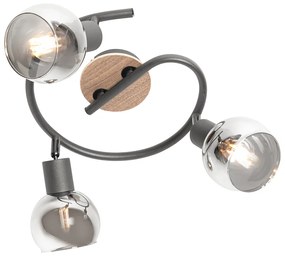 Stropné svietidlo čierne 44,5 cm s dymovým sklom a drevom 3-svetlo - Vidro