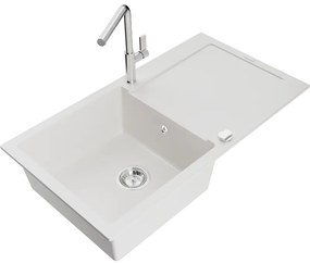 Mexen Leo, 1-komorový granitový drez 900x500x190 mm a drezová batéria Flora, biela, 6501-20-670401-00