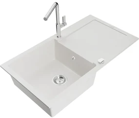 Mexen Leo, 1-komorový granitový drez 900x500x190 mm a drezová batéria Flora, biela, 6501-20-670401-00