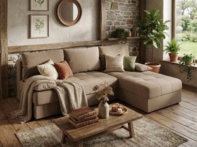 Rozkladacia obojstranná sedacia súprava do L VENORIA SLIM 200x143 cm, béžová + 2 vankúšiky ZDARMA