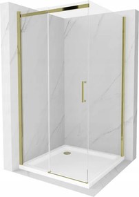 Mexen Omega, sprchovací kút s posuvnými dverami 100 (dvere) x 100 (stena) cm, 8mm číre sklo, zlatý profil + slim sprchová vanička 5cm, 825-100-100-50-00-4010
