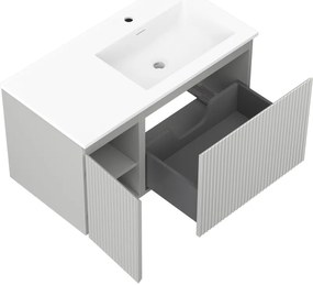 Mexen Rivel, kúpeľňová skrinka 90 cm s pravým umývadlom Otis, 1S, 1D, drážkovaná, sivá matná/biela matná - 91A23-09047-3-BBFF62-W18P01
