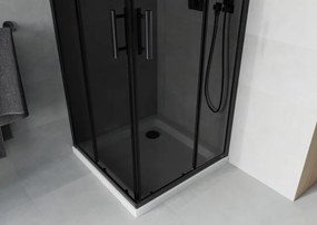 Mexen Rio, štvorcový sprchovací kút s posuvnými dverami 90(dvere) x 90(dvere) x 190 cm, 6mm šedé sklo, čierny profil + biela sprchová vanička SLIM, 860-090-090-70-40-4010B