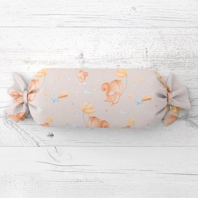 Biante Detský vankúš valec bonbon Sandra SA-525 Veveričky s kvietkami na sivobéžovom 15x40 cm
