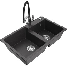Mexen Tomas, 2-komorový granitový drez 800x500x190 mm a kuchynská batéria Duo, čierna škvrnitá, 6516-76-671701-07