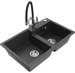 Mexen Tomas, 2-komorový granitový drez 800x500x190 mm  a kuchynská batéria Duo, čierna škvrnitá, 6516-76-671701-07