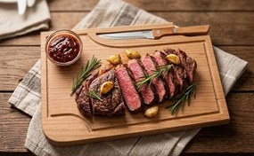 AMADEA Drevená doštička na steak s nožom a miskou, masívne drevo, 30x20x1, 5 cm