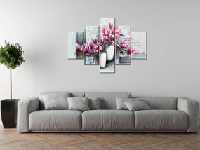 Gario Ručne maľovaný obraz Ružové magnólie vo váze - 5 dielny Rozmery: 100 x 70 cm