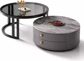 LuxuryForm DESIGN Konferenčný stolík ORION 70 × 70 / 50 × 50 cm – sivý / sivý mramor + sklo (set 2 ks)
