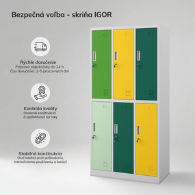 Šatníková skriňa BHP sivo-zeleno-žltá, 6-dverová: IGOR, 900 x 1850 x 450 mm