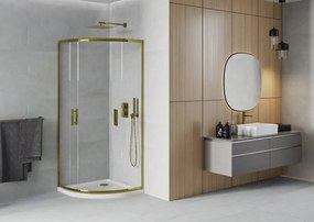 Mexen Rio, štvrťkruhový sprchovací kút s posuvnými dverami 80(dvere) x 80(dvere) x 190 cm, 6mm číre sklo, zlatý profil + biela sprchová vanička SLIM, 863-080-080-50-00-4110G