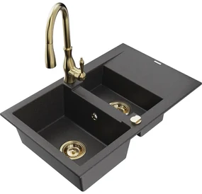 Mexen Gaspar, 1,5-komorový granitový drez 737x475x177 mm a drezová batéria Savita, čierna škvrtnitá, 6507-76-672601-50