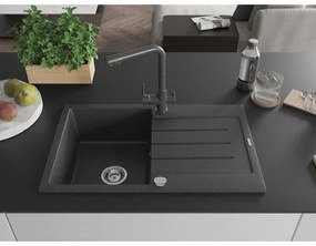 Mexen Bruno, 1-komorový granitový drez s odkvapkávačom 795x495x200 mm a čierna škvrnitá batéria Duero, čierna škvrnitá, 6513-76-671600-76