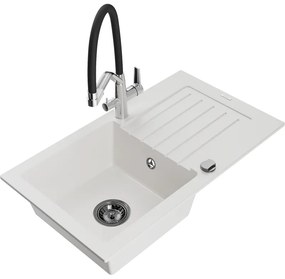 Mexen Pablo, granitový drez 752x436x161 mm, 1-komorový a drezová batéria Duo, biela, 6510-20-671701-07-B