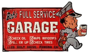Červená kovová nástenná ceduľa Bob´s Garage - 50*1*30 cm