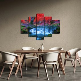 Obraz vodopádu v červenom lese (150x105 cm)