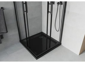 Mexen Rio, štvorcový sprchovací kút s posuvnými dverami 90 x 90 cm, 6mm číre sklo, čierny profil + čierna sprchová vanička, 860-090-090-70-00-4070B