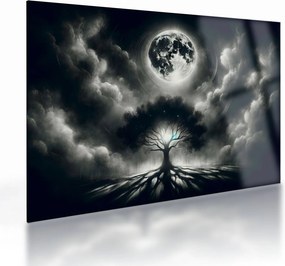 Sklenený obraz – Čiernobiely strom v splne (70x50 cm)